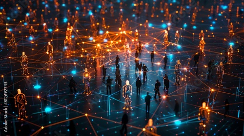 A group of people are connected to each other in a web of lights. The people are represented by small figures and the lights are arranged in a way that they appear to be connected to each other