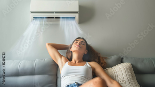 Young woman relaxing on the sofa at living room, enjoying the comfortable air conditioner. Shallow depth of field