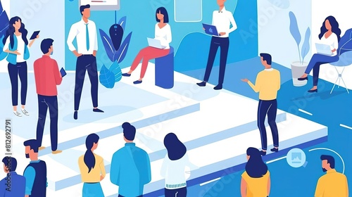 A group of people are gathered in a room, some are sitting on chairs, some are standing, and some are walking around