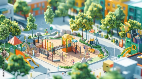 colorful and vibrant neighborhood with a playground in the center © Sodapeaw