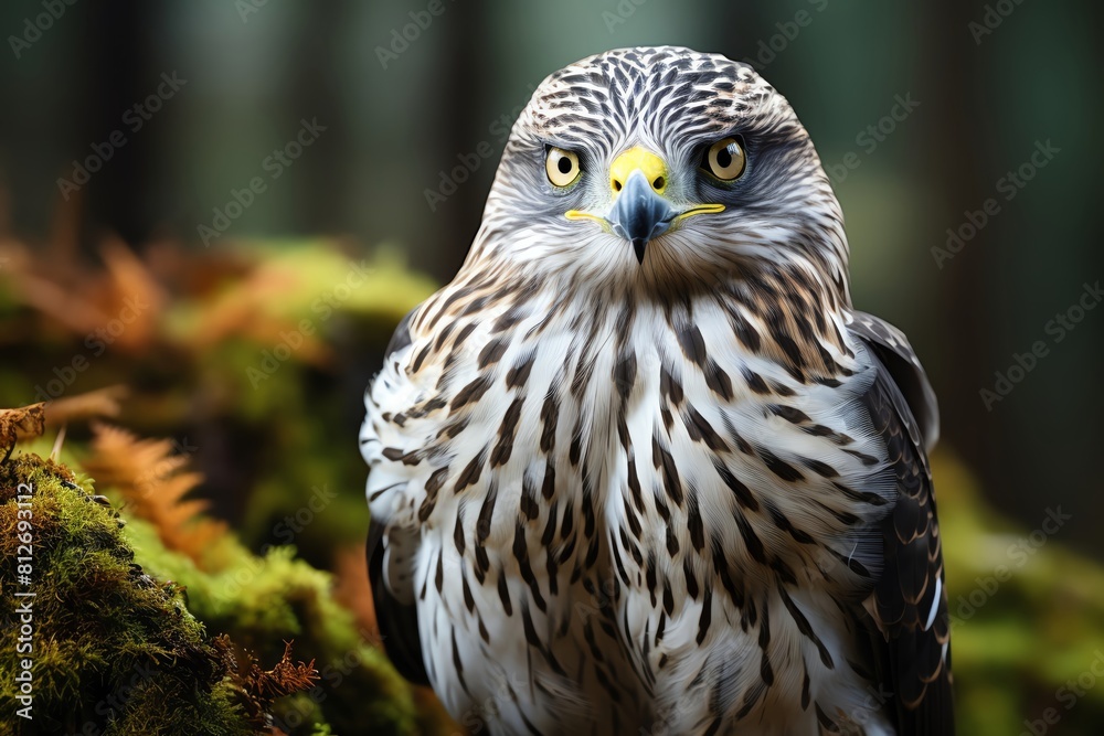 Northern Goshawk in mid hunt, eyes focused, fierce expression, deep forest backdrop Northern Goshawk in mid hunt, eyes focused, fierce expression, deep forest backdrop