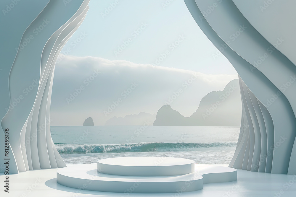 Fototapeta premium White podium on the beach with ocean view