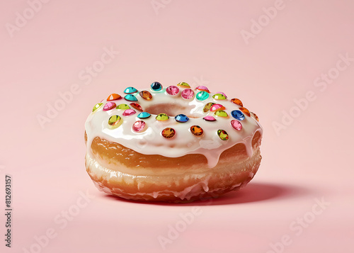 Glazed donut sprinkled with crystals, creative aesthetic dessert.	
