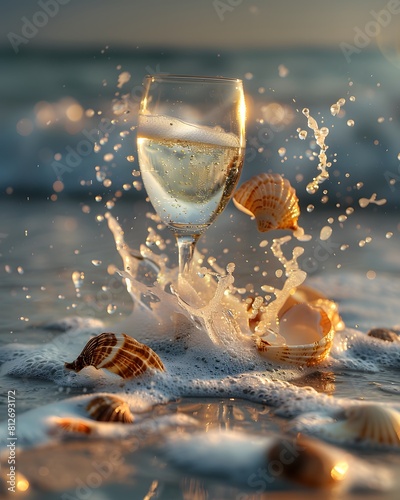 A glass of white wine on a sandy beach splashed with sea foam, summer vacation, sunset party.