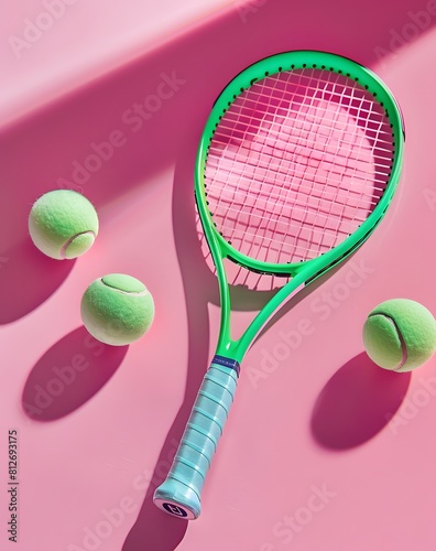 Tennis racket and balls on pink playground, minimal sport concept, feminine colors.