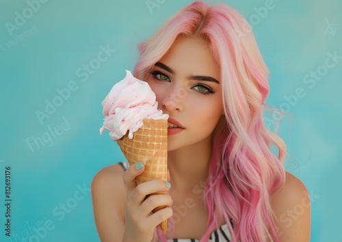 Young, beautiful woman with ice cream, summer holiday fun.