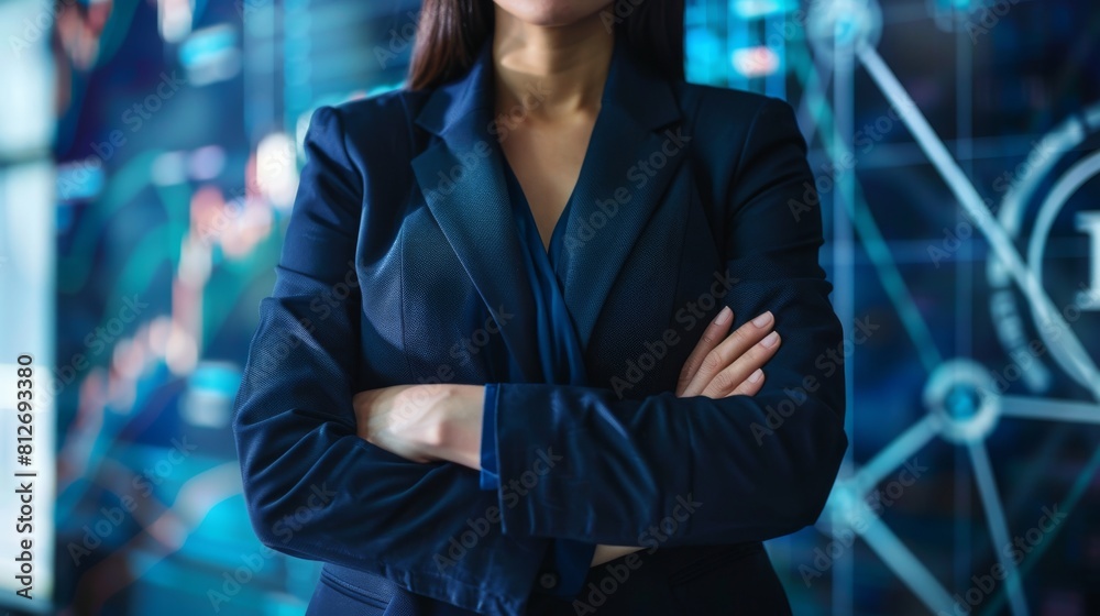 Fototapeta premium Closeup of a female CEOs torso in a navy blue suit, isolated against a backdrop of digital cryptocurrency graphs, symbolizing fintech leadership