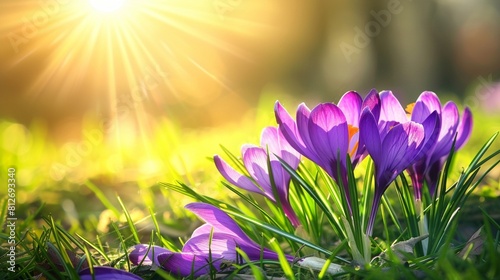 Spring Flowers - Crocus Blossoms On Grass With Sunlight