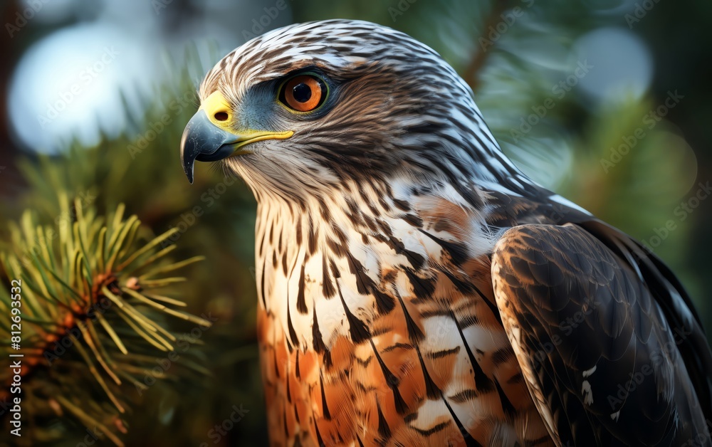 Profile of a Northern Goshawk in a pine tree, alert and ready to strike, early morning light filtering through Profile of a Northern Goshawk in a pine tree, alert and ready to strike, early morning light filtering through