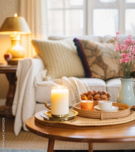  A round wooden coffee table with knitted decor and a burning candle on it  a cozy home interior design of a modern living room in a house. 