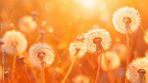 Spring meadow wildflower field with dandelion at orange sunset. Fluffy dandelion against sunset front sun close up  blurred background. Ikebana of dried Dandelion flowers colorful orange and yellow