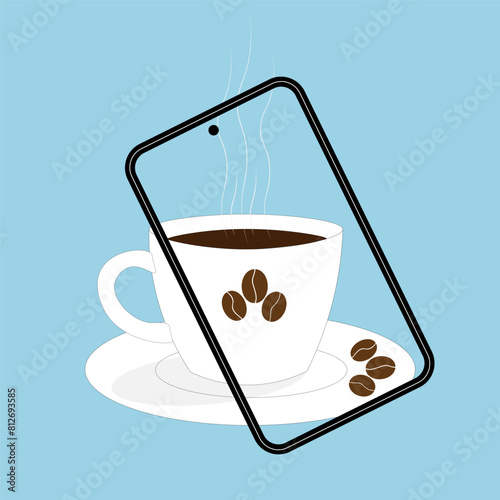 A white cup of coffee with a saucer and a phone photographing it on a blue background