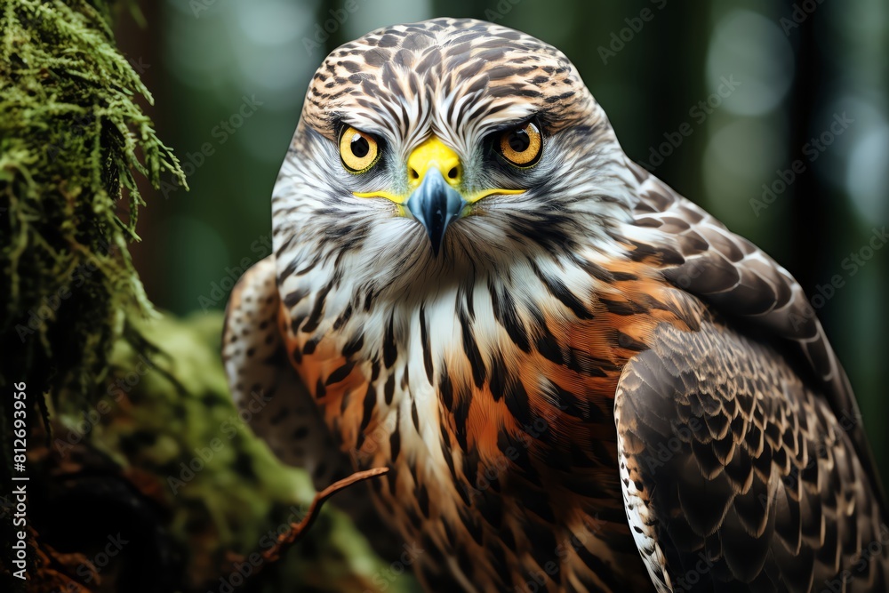 Obraz premium Close view of Northern Goshawk clutching a branch, fierce eyes scanning the surroundings, dense forest around