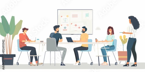 a cartoon professional brainstorming ideas with colleagues in a collaborative meeting room, the atmosphere charged with creativity and innovation