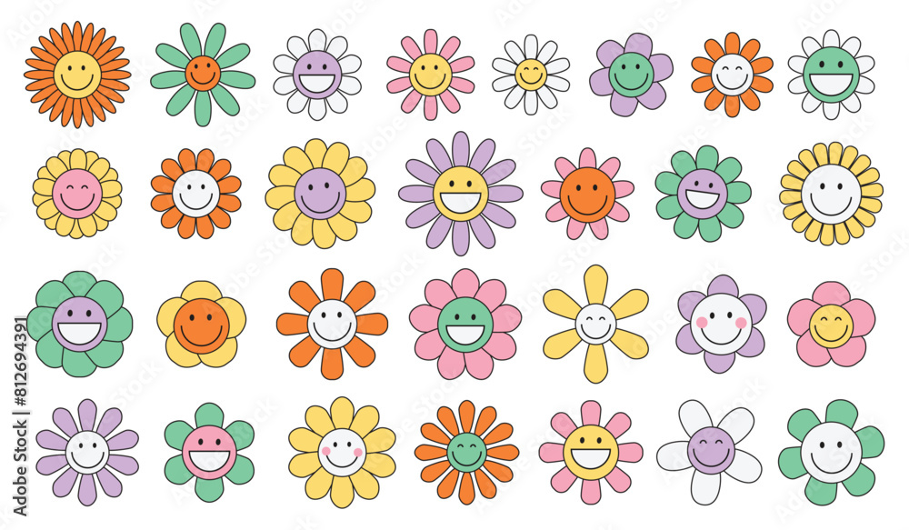 Set of funny happy daisy faces with eyes and smile. Groovy flower cute cartoon colorful characters. Sticker pack in trendy retro trippy style. Hippie 60s, 70s style. Isolated vector illustration. Set of funny happy daisy faces with eyes and smile. Groovy flower cute cartoon colorful characters. Sticker pack in trendy retro trippy style. Hippie 60s, 70s style. Isolated vector illustration.