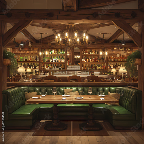 Charming Vintage Wine Tavern with Lush Leather Seats, Wooden Shelves, and Stylish Ambiance. photo