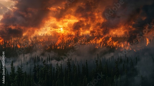 A Fierce Forest Wildfire at Dusk