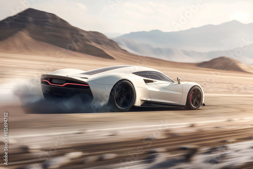 car on the road, Speed across the vast expanse of the desert highway in a sleek white hypercar sportscar, an embodiment of power and precision