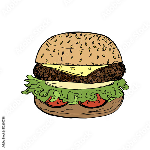 Juicy burger, hamburger vector illustration isolated on white background. Colored doodle illustration of fast food.