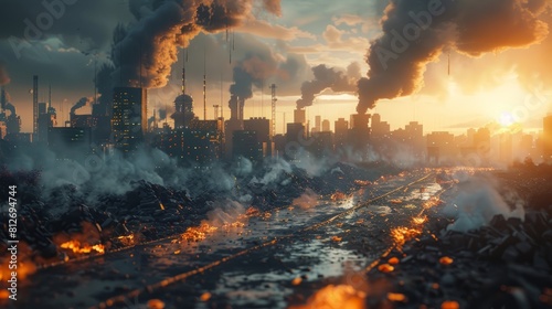post-apocalyptic cityscape. The sky is filled with smoke and debris, and the buildings are in ruins.