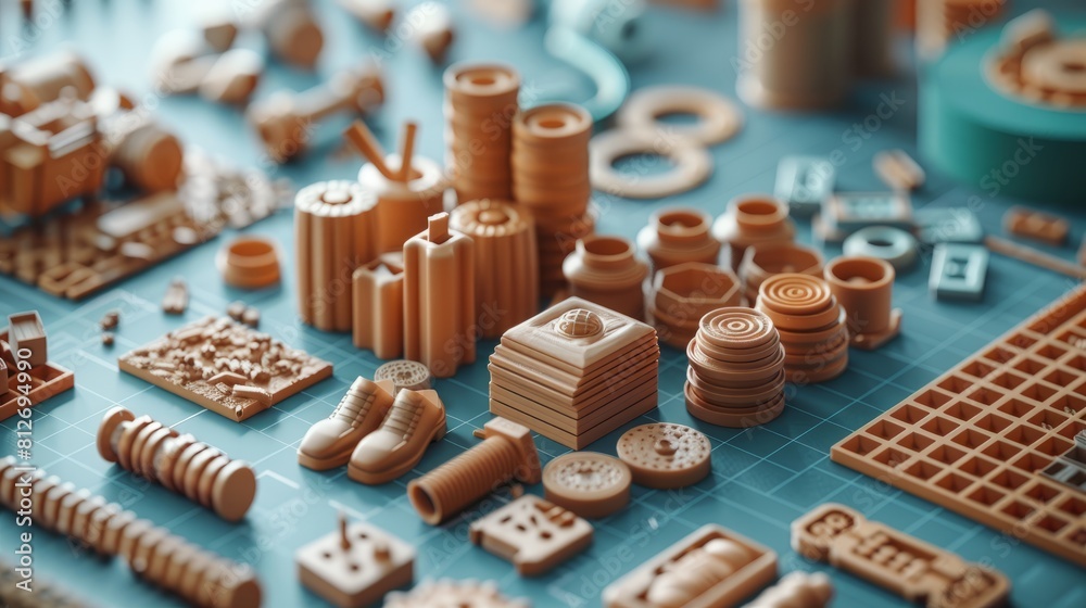variety of 3D printed parts. The parts are made of different materials and colors. They are arranged in a haphazard manner on a blue surface. variety of 3D printed parts. The parts are made of different materials and colors. They are arranged in a haphazard manner on a blue surface.