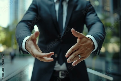 Close-up of a male executive's hands reaching out for a handshake in a city environment