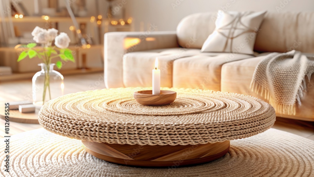  A round wooden coffee table with knitted decor and a burning candle on it, a cozy home interior design of a modern living room in a house. 