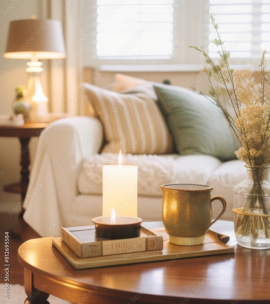 A round wooden coffee table with knitted decor and a burning candle on it, a cozy home interior design of a modern living room in a house. A round wooden coffee table with knitted decor and a burning candle on it, a cozy home interior design of a modern living room in a house.