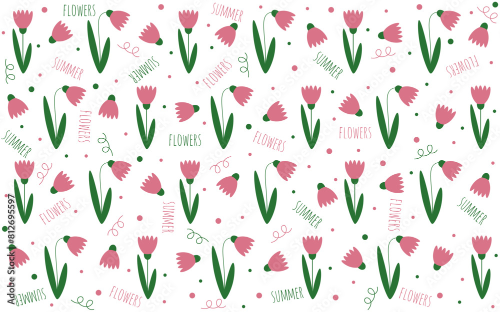 Playful design summer Flowers seamless pattern with cute calligraphy inscription. Vector Floral endless background for textile, fabric, wall, dress print.