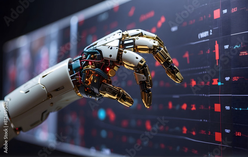 A robotic hand touching a screen with a stock chart in the background, Artificial intelligence, Modern Technology