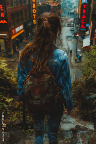 A woman wearing a blue jacket and backpack is standing on a hill