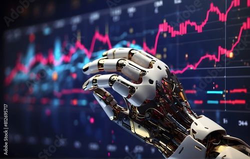 A robotic hand touching a screen with a stock chart in the background  Artificial intelligence  Modern Technology
