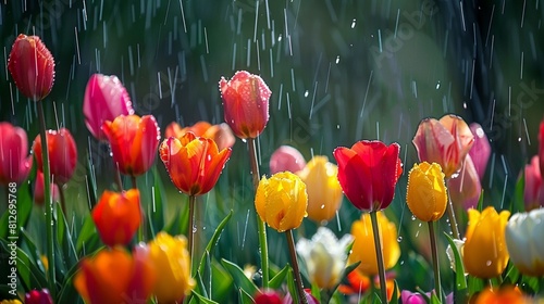 Spring rain gently falling on a colorful tulip field. #812695768