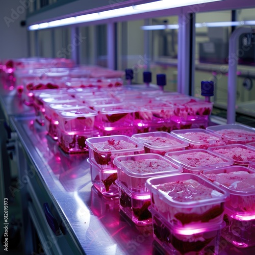 Close-up shot of Petri dishes with a pink solution and a plant growing inside them under a purple light. photo