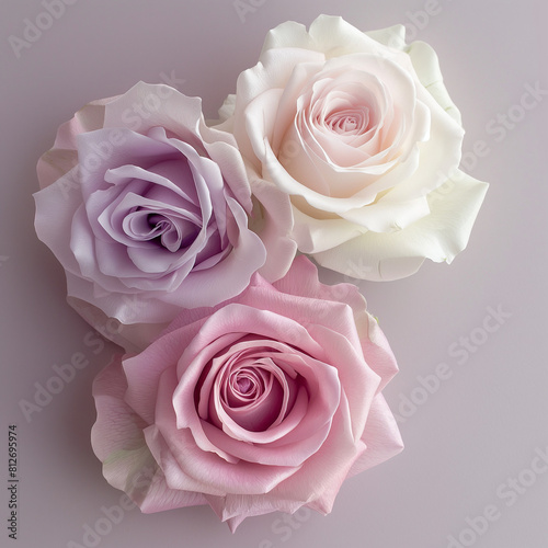Top view of three pastel roses on lavender background.