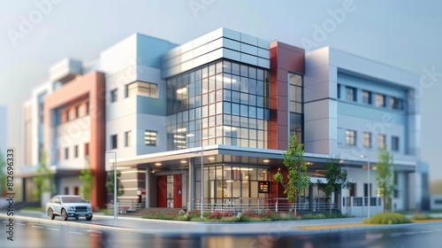 modern office building with a large glass front and a red entrance. © Sodapeaw