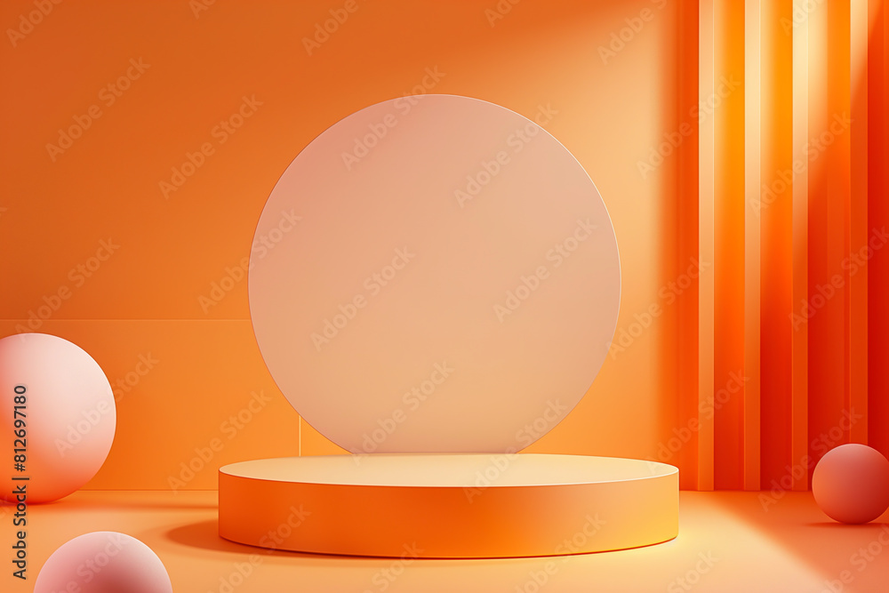 3d rendering of an orange podium with geometric-shaped set against a modern
