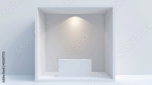 A minimalist 3D model of a white empty exhibition booth featuring a sleek promotional stand with a desk