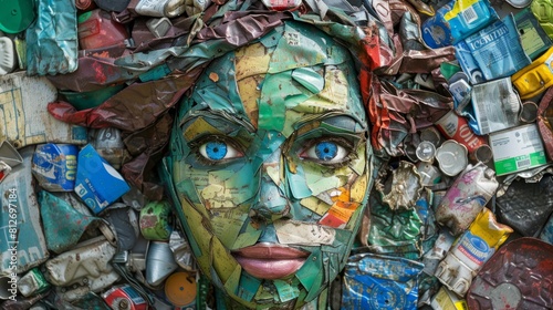 This image shows a woman's face made of colorful plastic trash