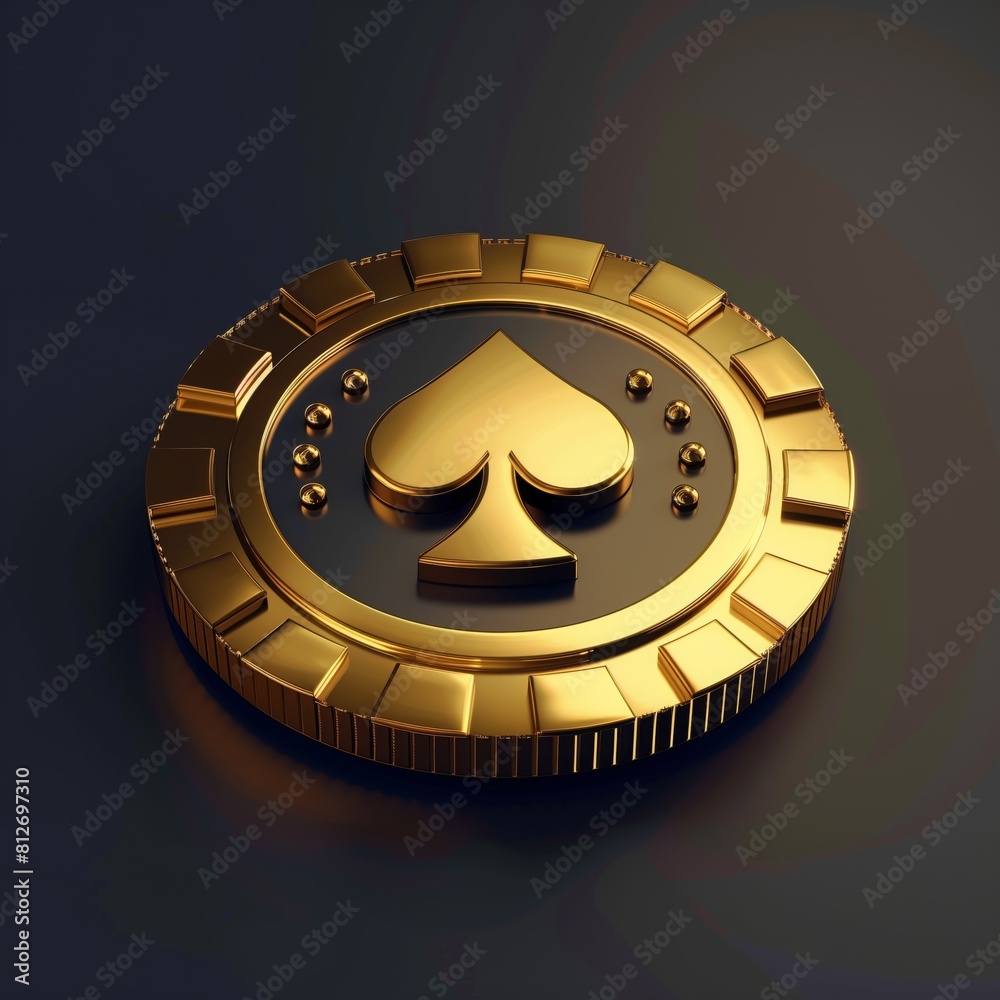 Golden poker chip close-up. Casino concept. 3D illustration. Gold large casino chip. Metallic coin Golden poker chip close-up. Casino concept. 3D illustration. Gold large casino chip. Metallic coin