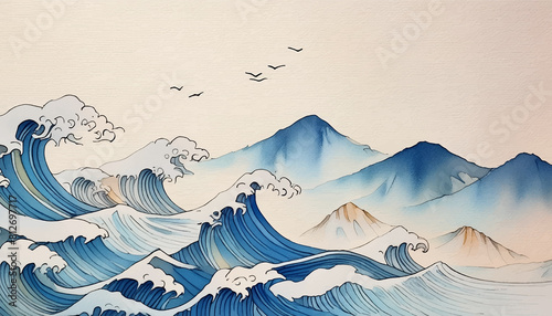 日本画・和風の背景素材　波と山