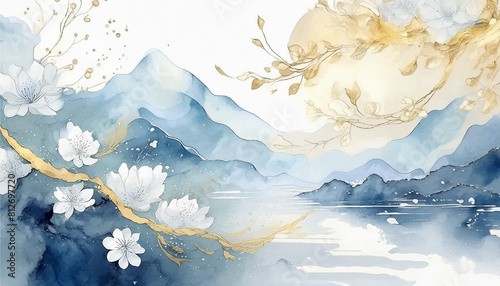 水彩画。山と花がある和風の風景。