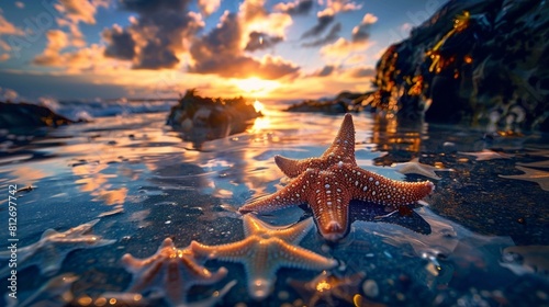 Starfish in a tide pool during a sunset photo