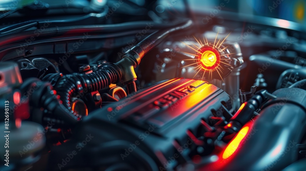 Fototapeta premium A close view of a check engine light illuminated on a car's dashboard