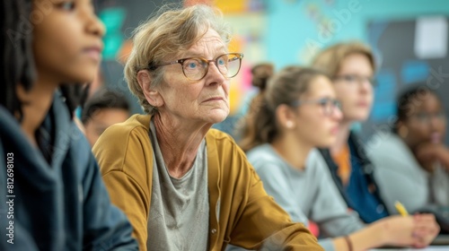 Attentive Elderly Teacher in Classroom