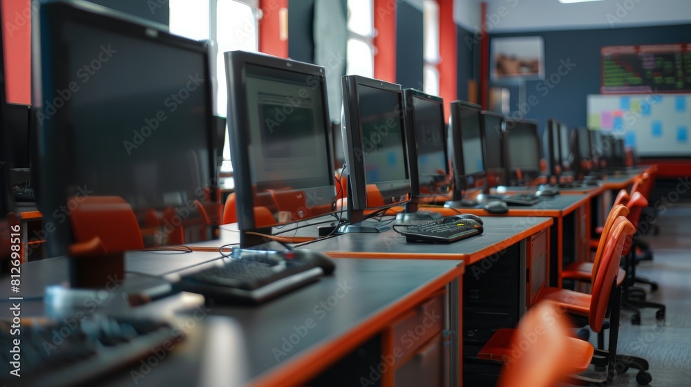 A detailed view of computers set up in a well-organized computer laboratory or study room