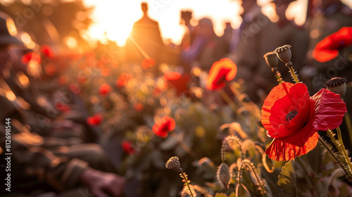 An emotional gathering of veterans each holding a red poppy during a Memorial Day sunset ceremony at a war memorial. photo