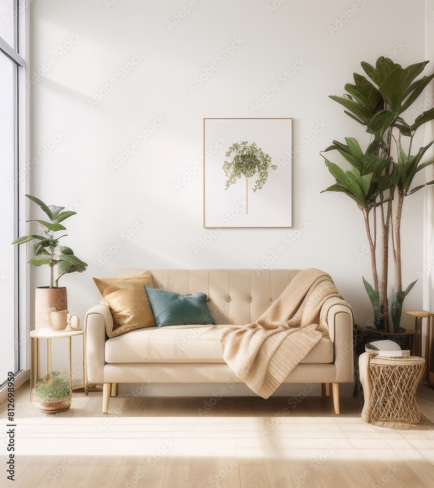 Modern interior with a beige sofa and wooden side table near a white wall mock up, plants in pots on the floor, a window with natural light. Modern interior with a beige sofa and wooden side table near a white wall mock up, plants in pots on the floor, a window with natural light.