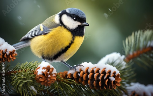 Great Tit with a striking black head nestled in a snowy pine, winter landscape enhancing its colors