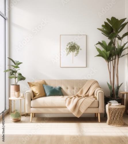 Modern interior with a beige sofa and wooden side table near a white wall mock up, plants in pots on the floor, a window with natural light.